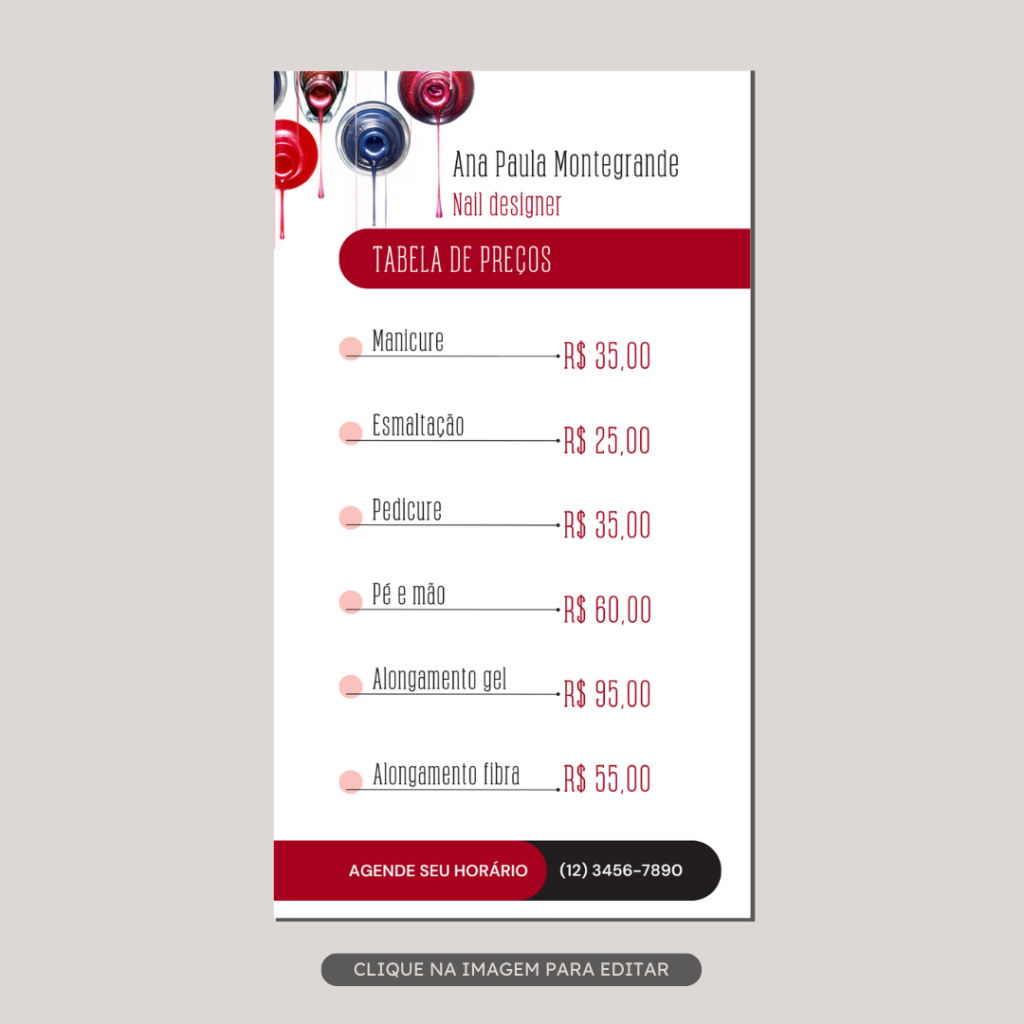 Template de tabela de preço story para divulgar nail designer
